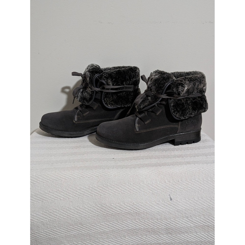 Taos Gray Suede Lace Up Ankle Boots Faux Fur Cuff Bootie Size 8